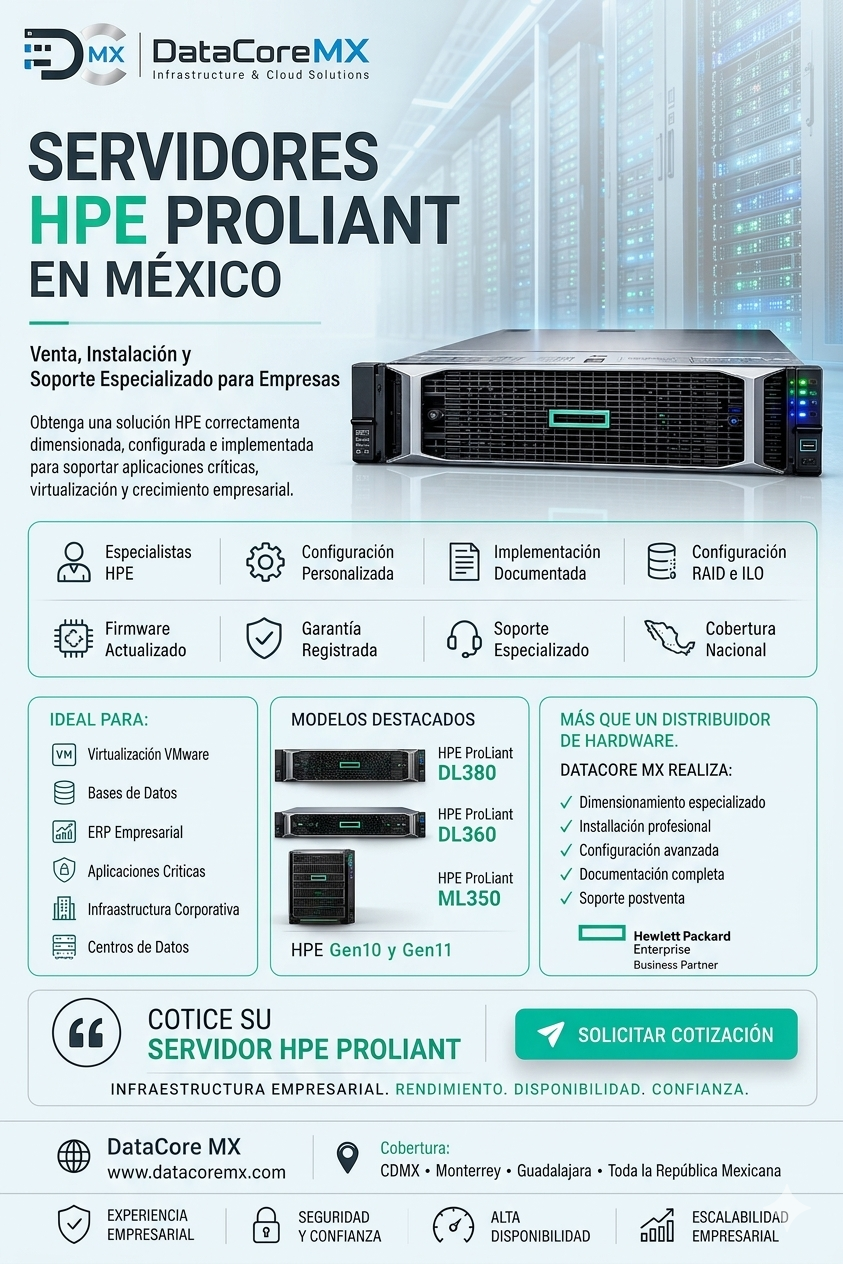Servidores empresariales HPE, Dell y Lenovo instalados por DataCore MX en México